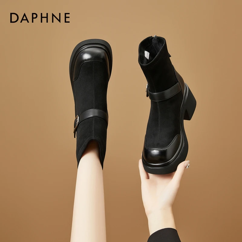达芙妮粗跟瘦瘦靴短靴女款2025新款秋季显瘦增高小个子高跟马丁靴