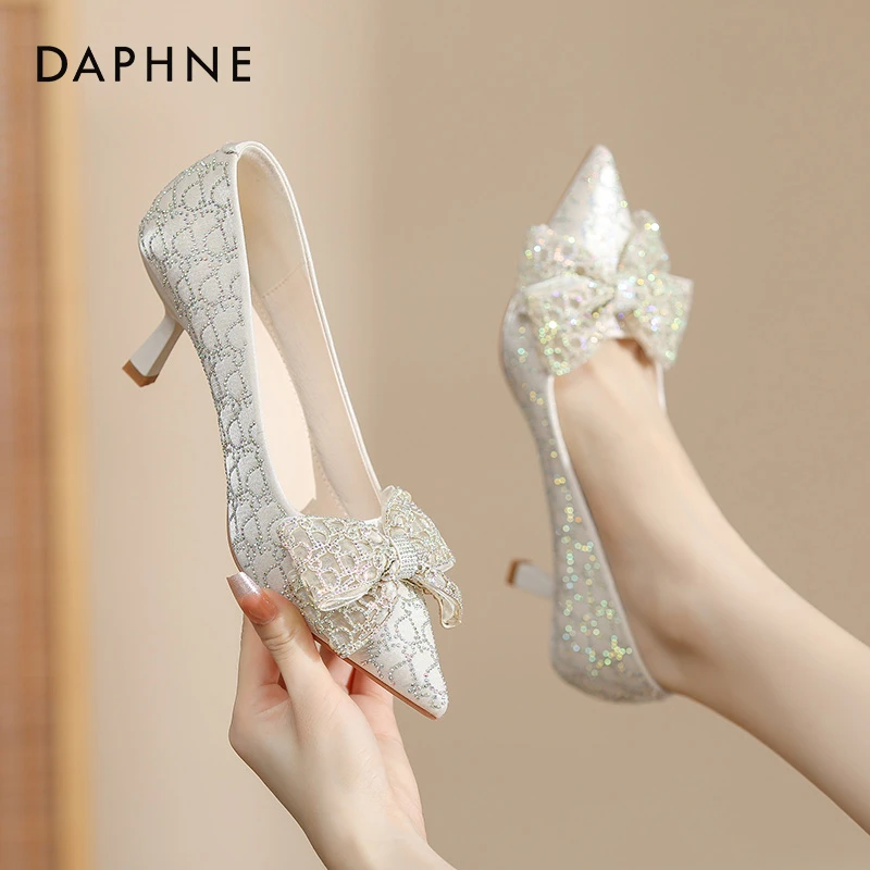 达芙妮职业细跟高跟鞋女2025年春季蝴蝶结气质尖头单鞋中跟工作鞋