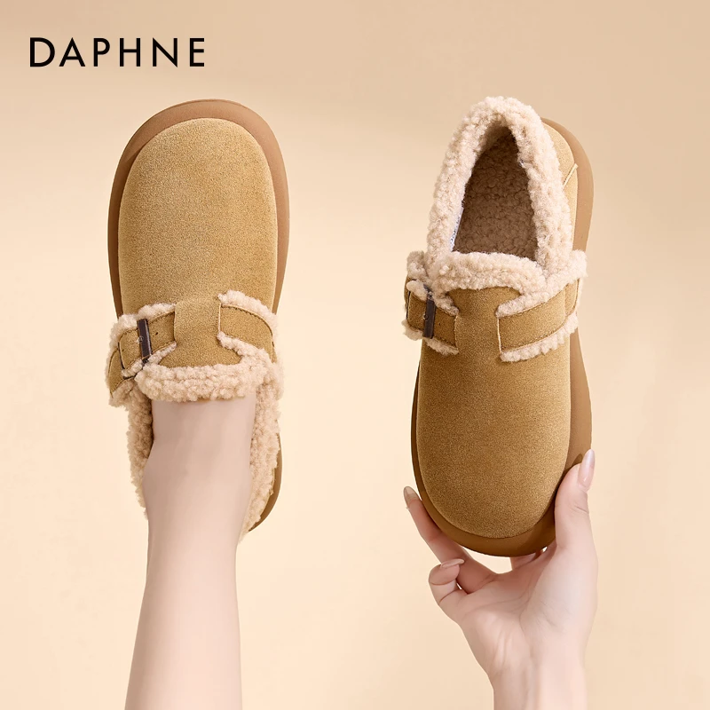 达芙妮厚底勃肯鞋女秋冬2025新款复古乐福鞋加绒加厚雪地毛毛棉鞋