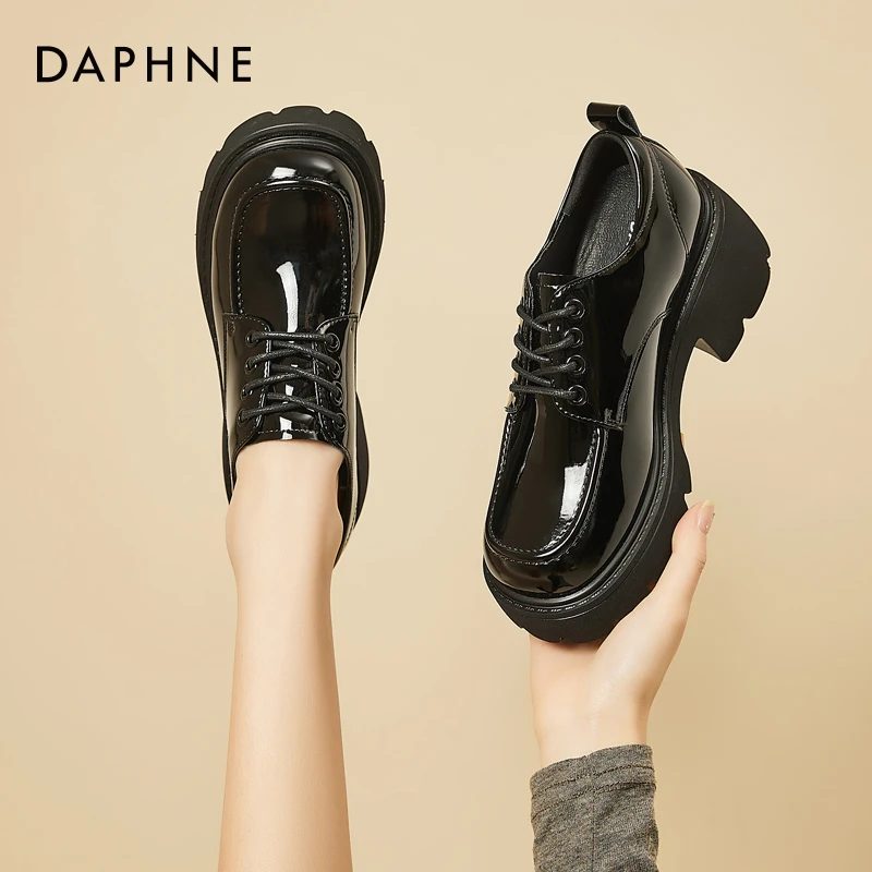 Daphne/达芙妮厚底增高小皮鞋女2024秋新款单鞋百搭英伦风乐福鞋