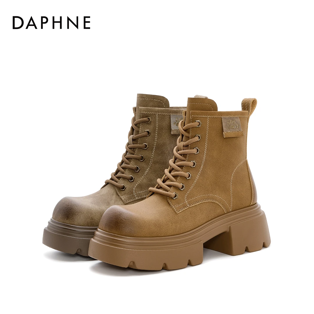 达芙妮厚底机车工装大头短筒靴2025秋冬新款复古增高英伦风大黄靴