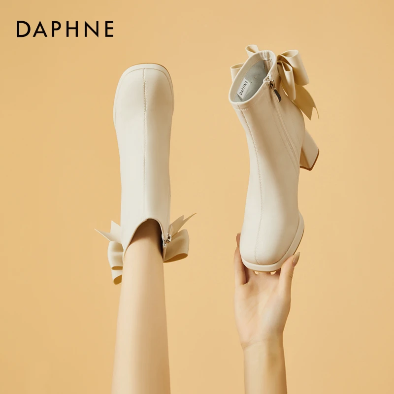 达芙妮蝴蝶结高跟短靴女2025年新款秋冬时装靴法式单靴粗跟瘦瘦靴