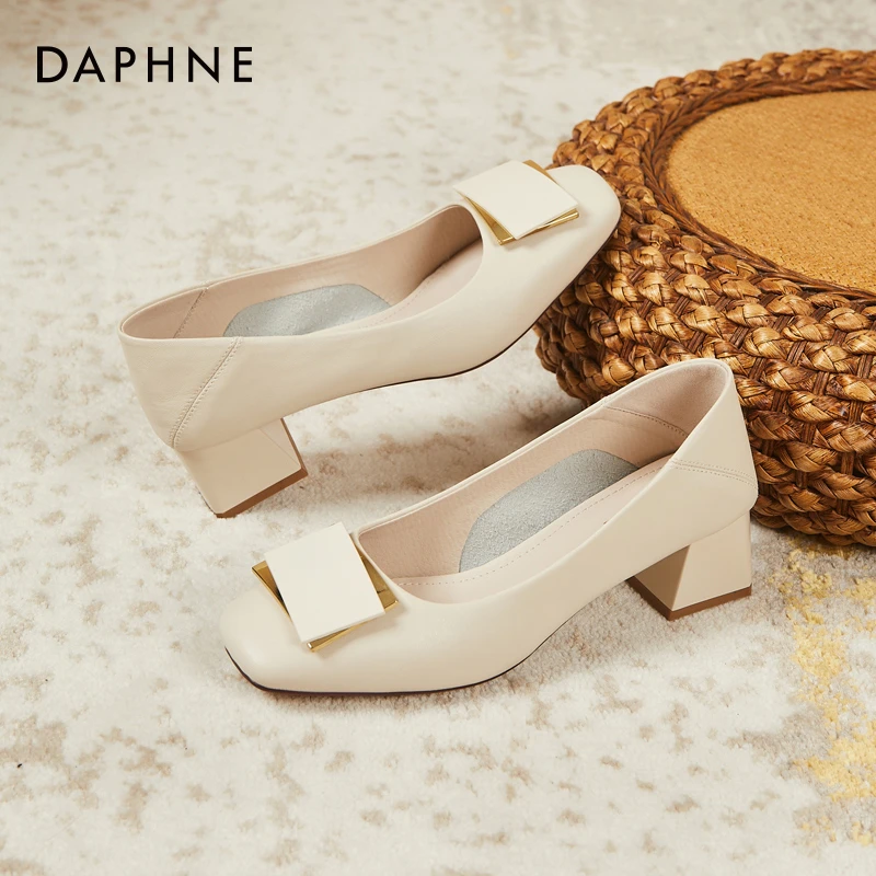 达芙妮浅口单鞋新款粗跟女鞋夏天穿裙子专用鞋子真皮百搭高跟鞋