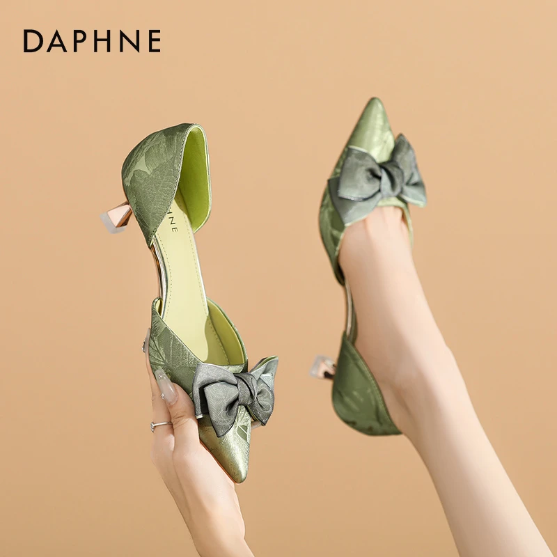 达芙妮新中式国风高跟鞋2024女夏季蝴蝶结温柔风包头凉鞋名媛单鞋