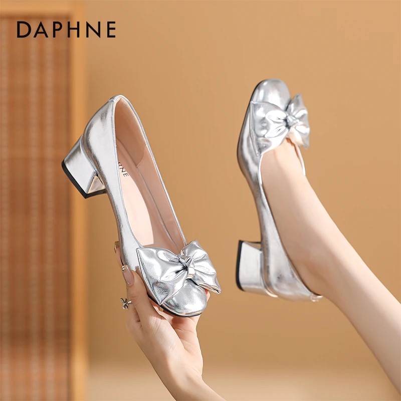 达芙妮蝴蝶结浅口粗跟单鞋2025秋季新款百搭气质法式一脚蹬女鞋子