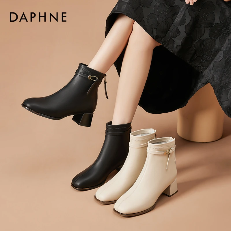 达芙妮高跟短靴女2025新款秋春秋加绒小踝靴粗跟增高黑色短筒靴子