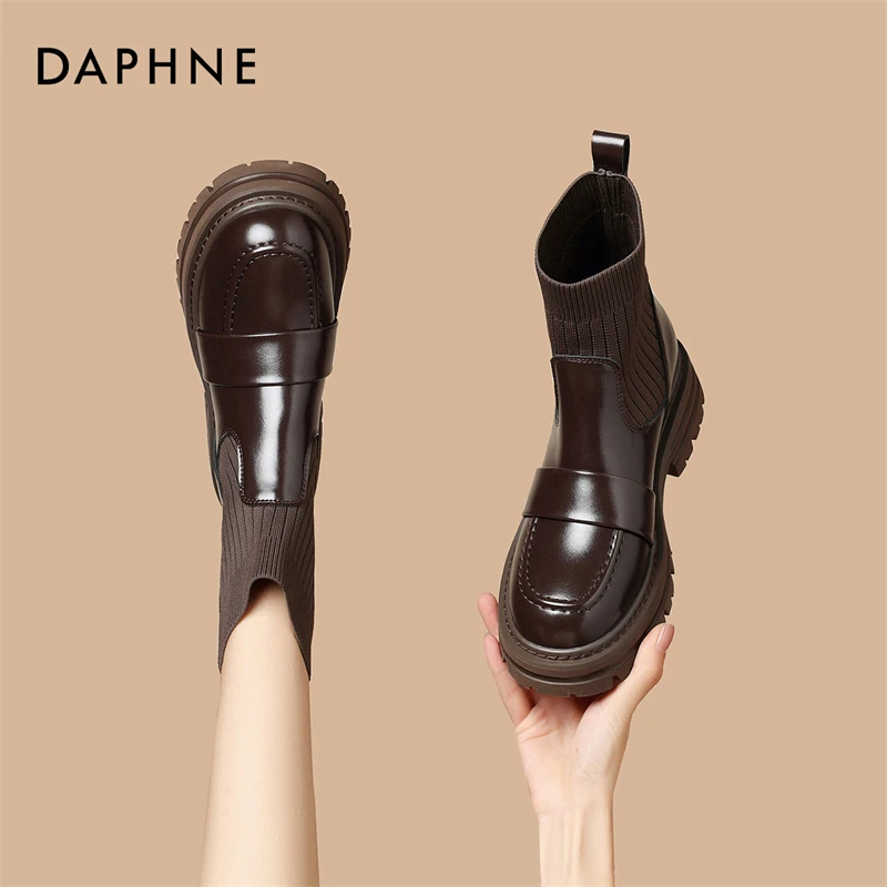 达芙妮短靴女2025新款秋季单靴英伦风针织乐福袜靴厚底弹力瘦瘦靴