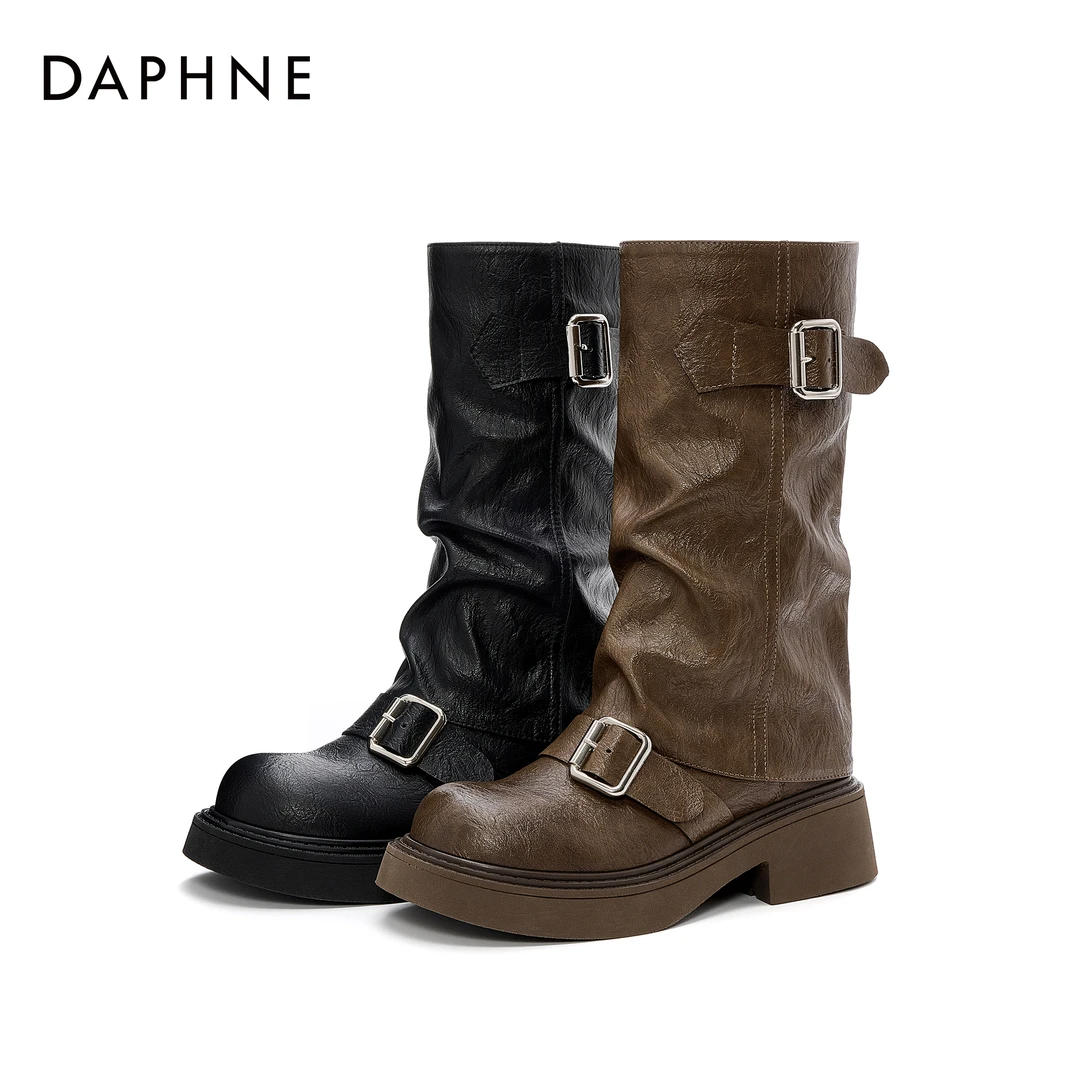 达芙妮复古百搭中筒靴女2025年新款秋冬厚底堆堆靴西部骑士裤管靴
