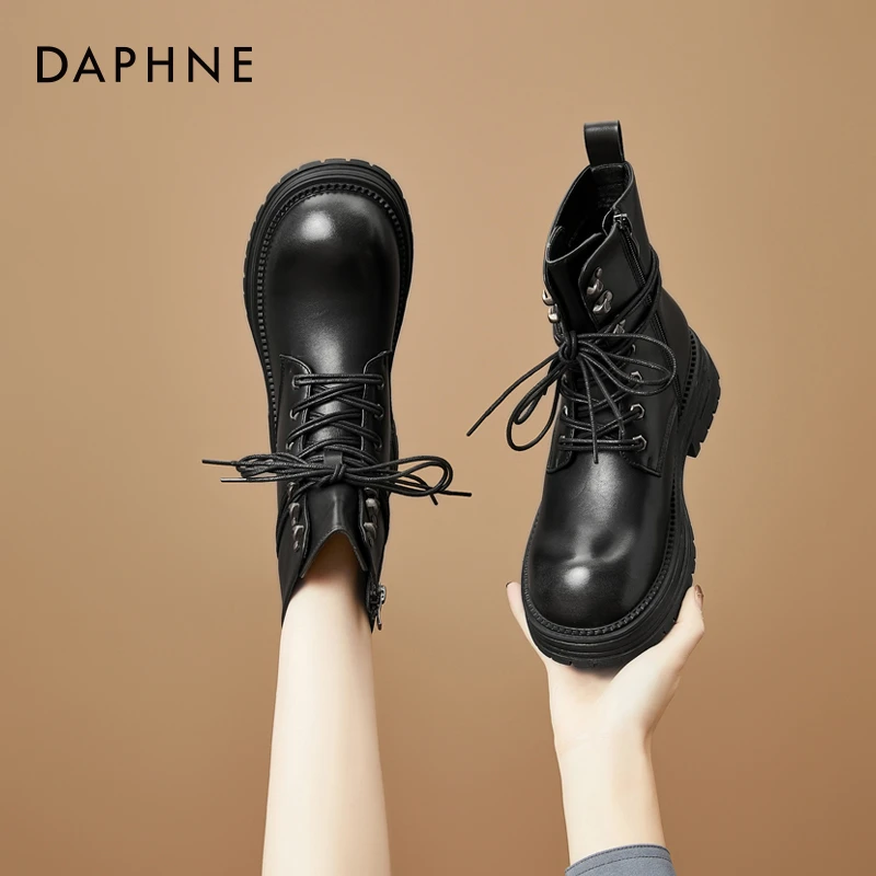 达芙妮英伦风复古系带机车马丁鞋女2025年秋冬新款百搭休闲骑士靴