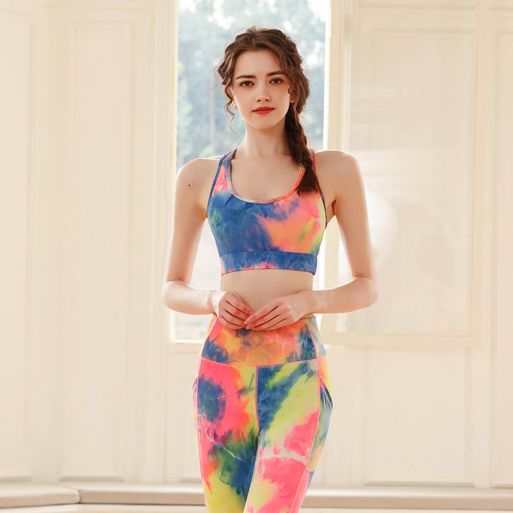 JKD 时尚扎染瑜伽服套装女春夏大码防震时尚运动美背健身两件套