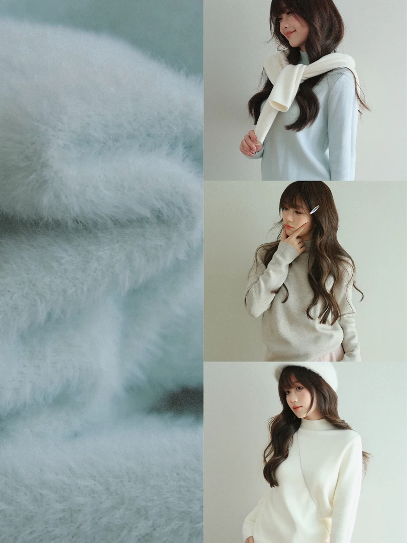 vuillard韩版半高领叠穿时尚保暖一体绒纯色百搭毛绒感毛衣上衣