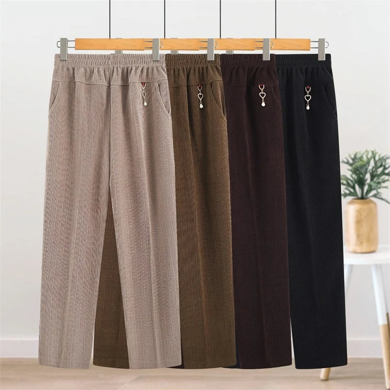 中老年棉绒裤子女春秋新款松紧高腰休闲直筒裤老人条绒妈妈装长裤