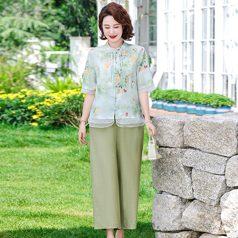 中老年女夏装雪纺小衫洋气中年妈妈短袖t恤50岁高贵上衣两件套装