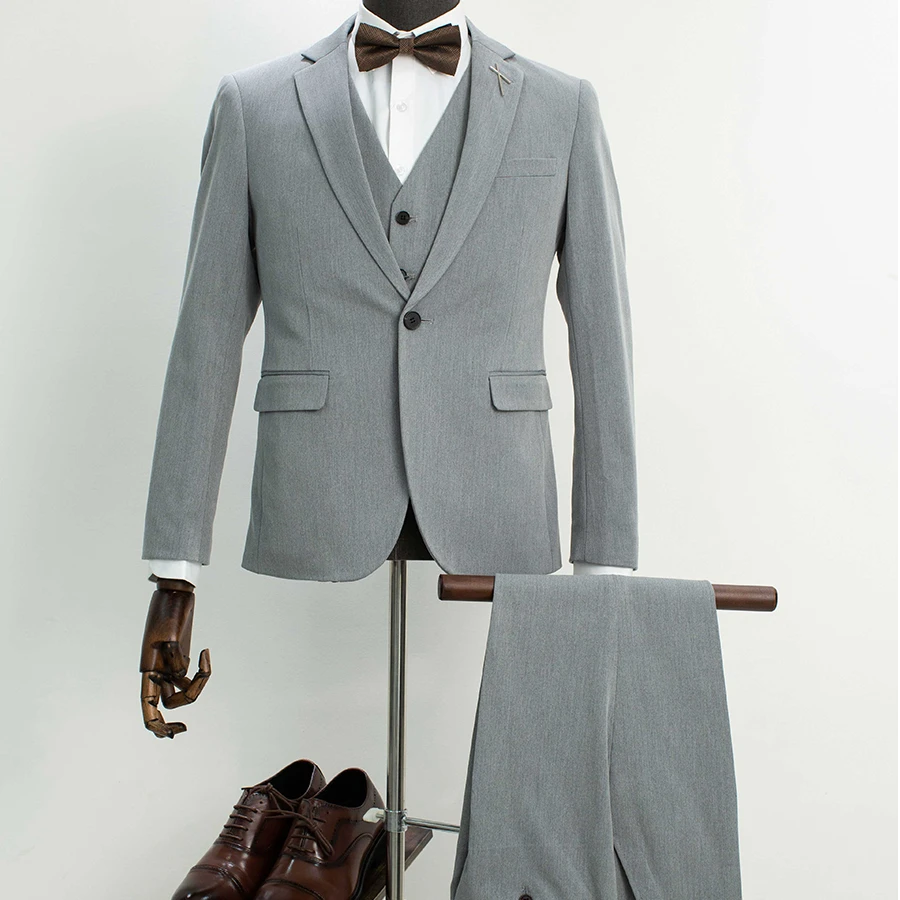7612商务休闲纯色西服套装三件套婚礼帅气西装
