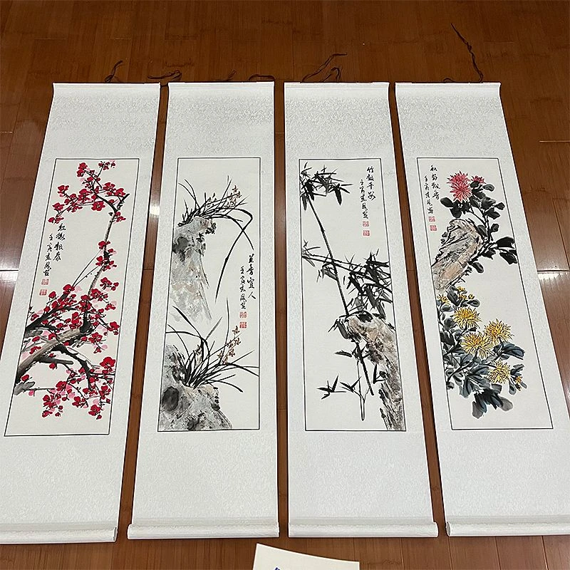 李春凤手绘梅兰竹菊国画四条屏软裱卷轴三尺对开手工客厅玄关装饰