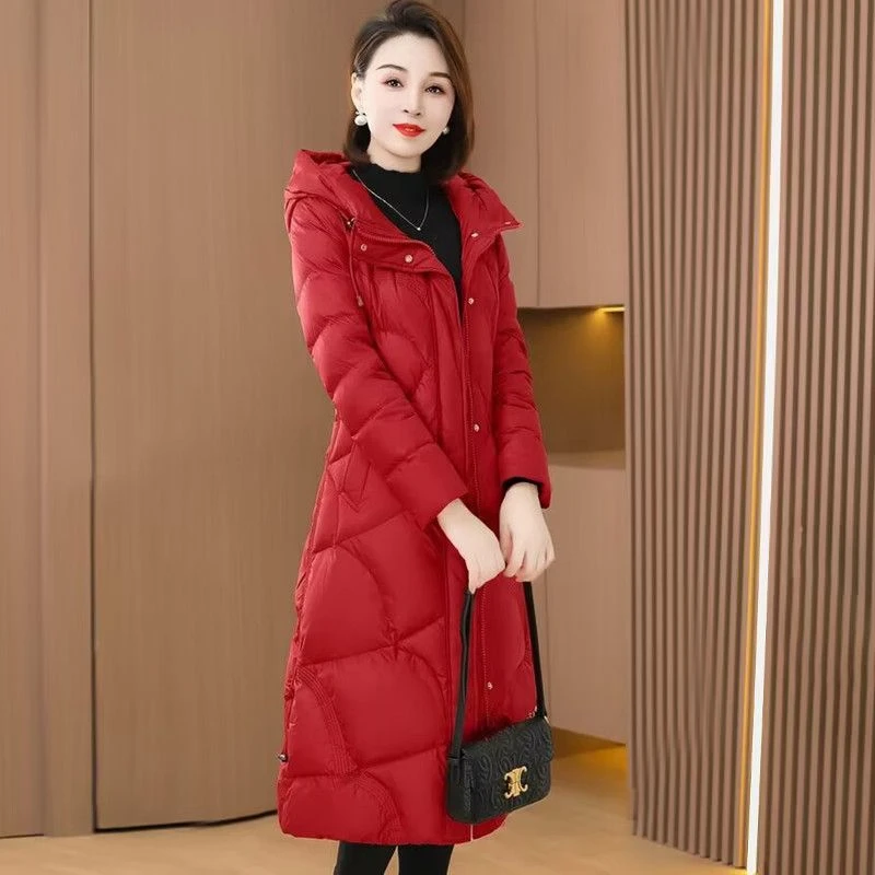 雅娜雪菲2024冬季长款过膝棉衣棉服时尚潮流高档女士连帽长外套女