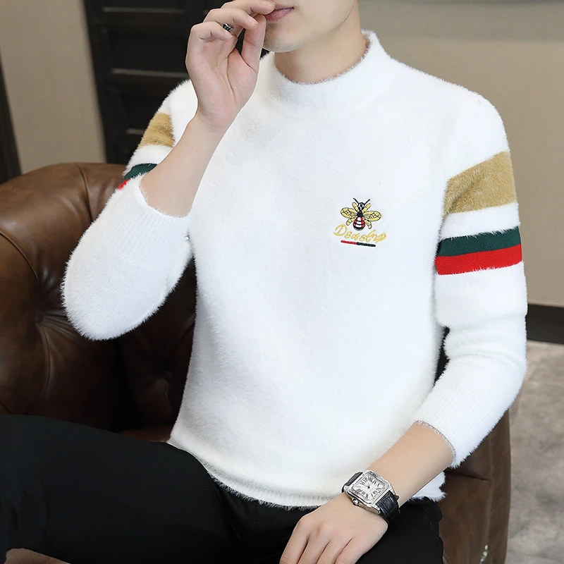 水貂绒男士毛衣秋冬季百搭套头针织半高领毛线衣保暖打底衫上衣服