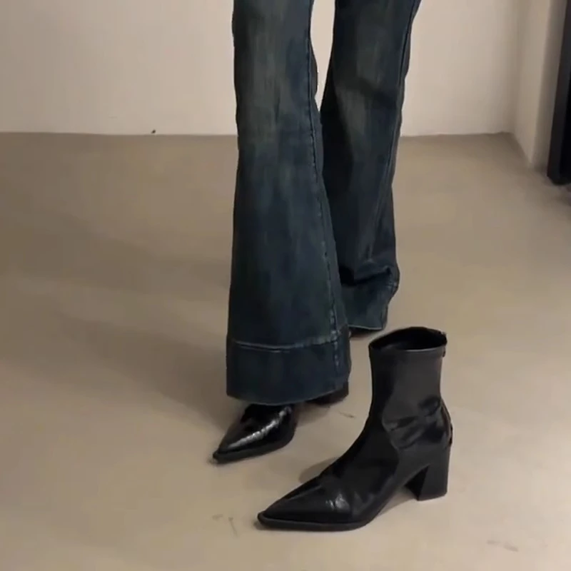 牛皮版！法式粗跟短靴女黑色显瘦高跟靴气质尖头后拉链弹力瘦瘦靴