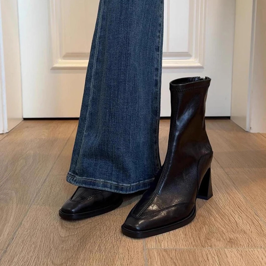 牛皮版~方头短靴复古弹力瘦瘦靴女后拉链高跟显瘦通勤马丁靴单靴