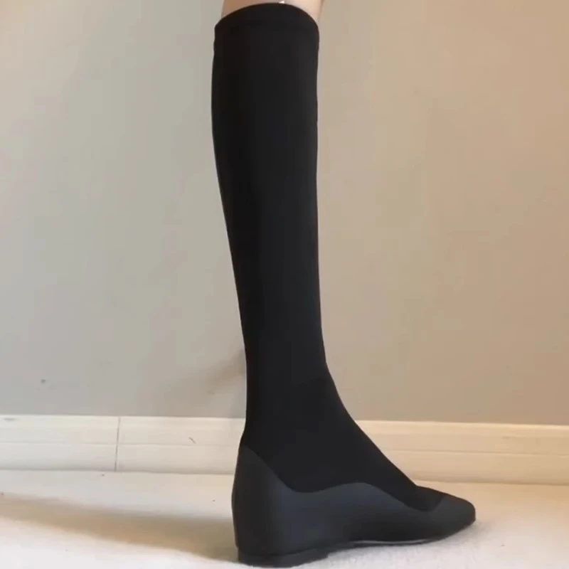 牛皮版！黑色长筒靴女方头显瘦不过膝高筒骑士靴内增高弹力瘦瘦靴