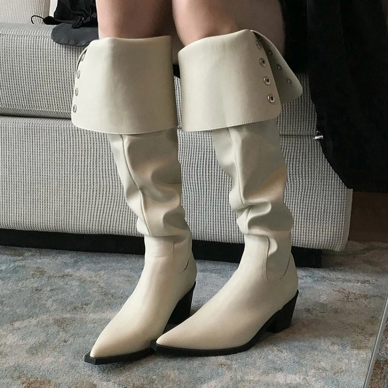 牛皮版！过膝靴子女长筒靴2025新款可翻折白色尖头粗跟高筒瘦瘦靴