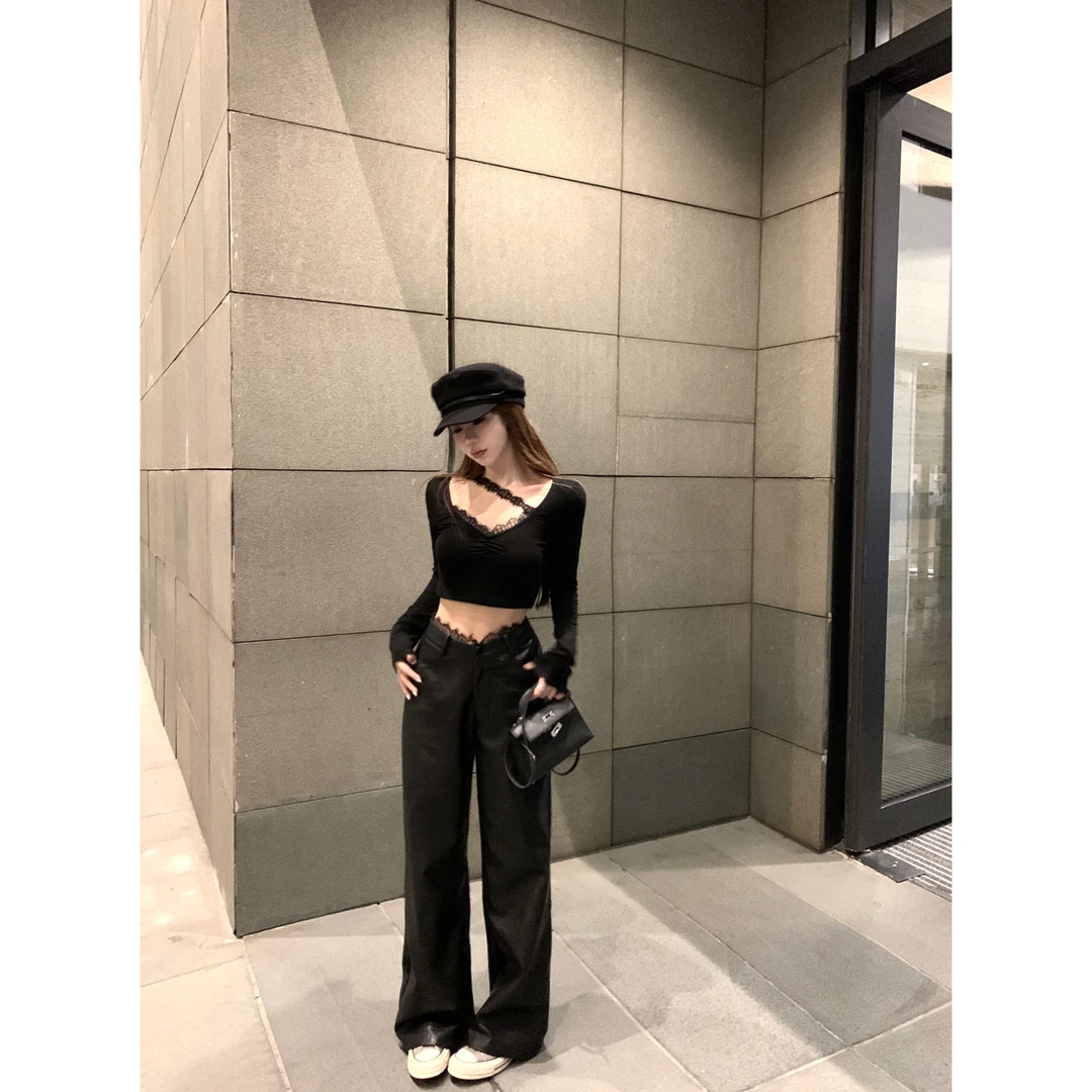 【性感缪斯】方领蕾丝设计修身打底衫长袖T恤拼接蕾丝阔腿裤套装