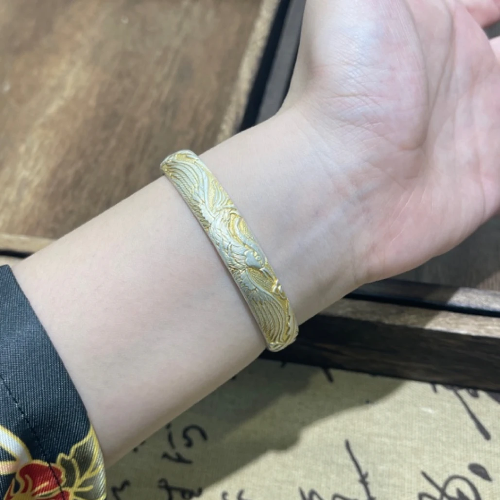 足银手镯 24K描金浮雕【凤凰于飞】实心开口手工手镯