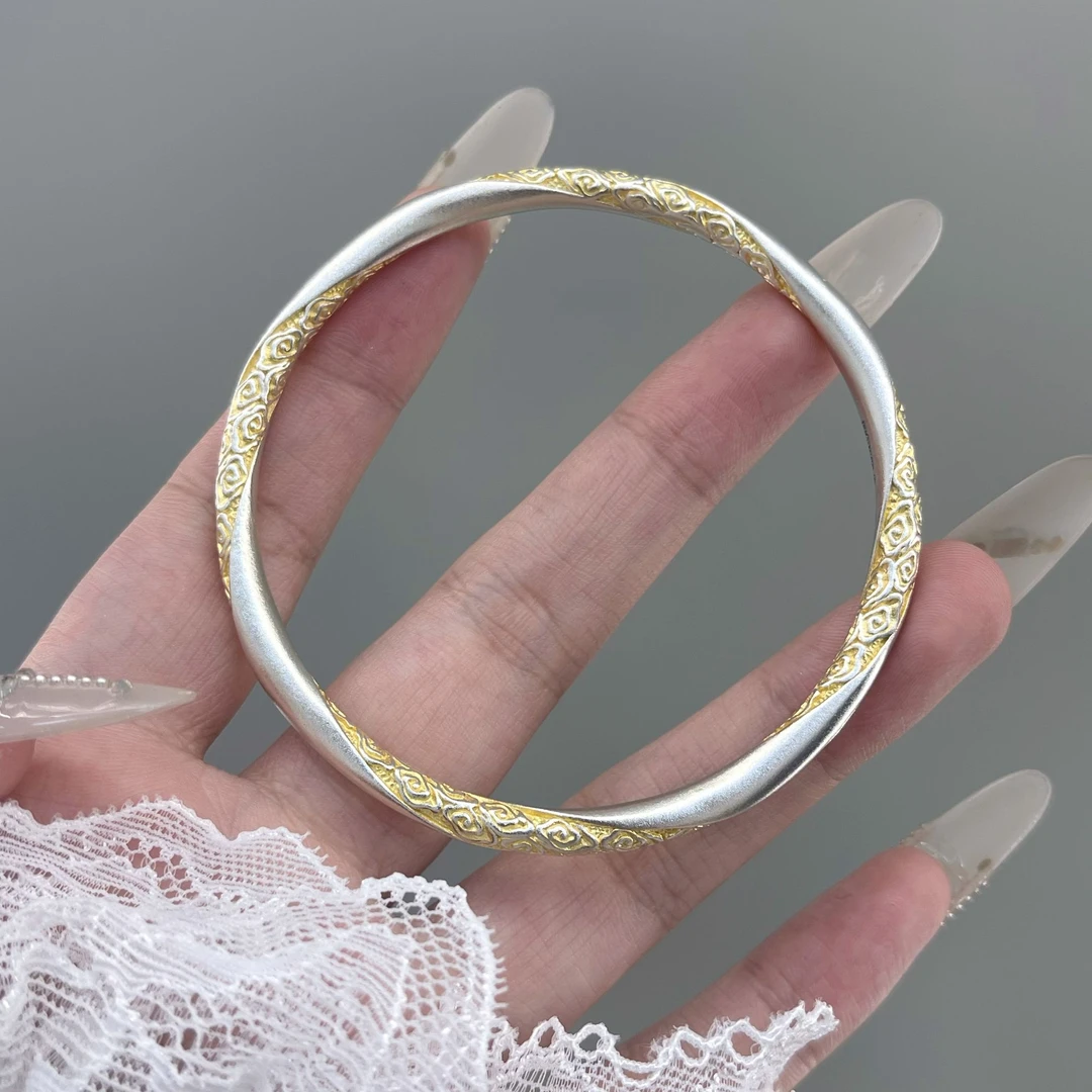 足银手镯 24K描金祥云【金纹祥云】古法錾刻固口手镯时尚百搭