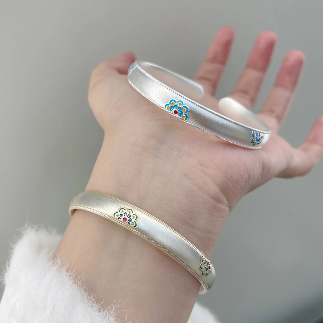 足银手镯 【宝相花开】珐琅描金开口可调节实心手镯足银999.9复古