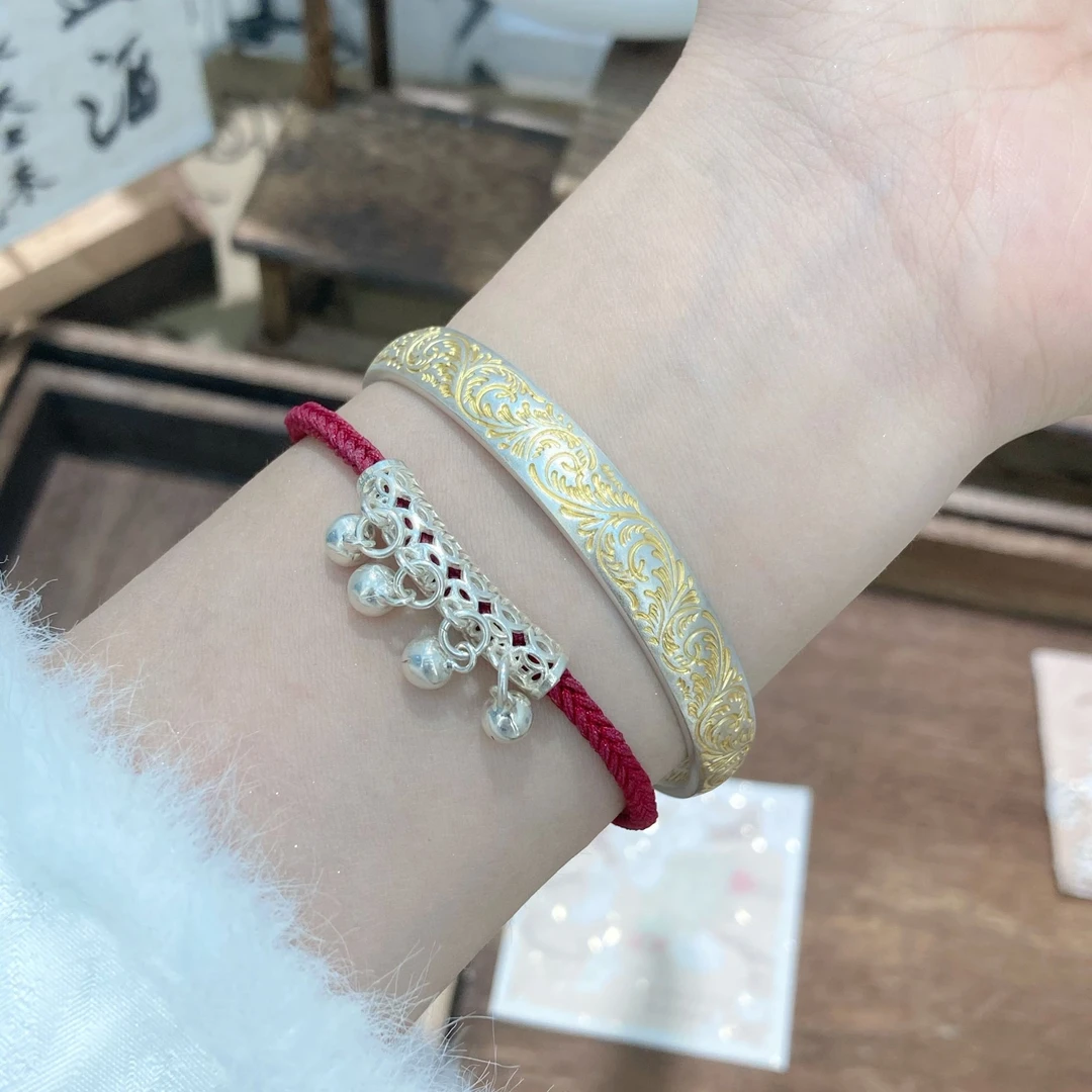 足银手镯 24K描金【凤翎】开口泥鳅背复古百搭足银9999手镯