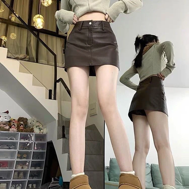美拉德pu皮裙半身裙女秋冬高腰显瘦黑色裙子辣妹质感a字包臀短裙