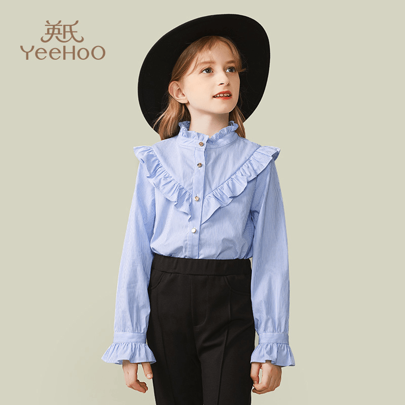 英氏女童衬衣2024新款春季荷叶边衬衫儿童长袖衬衫中大童时尚上衣