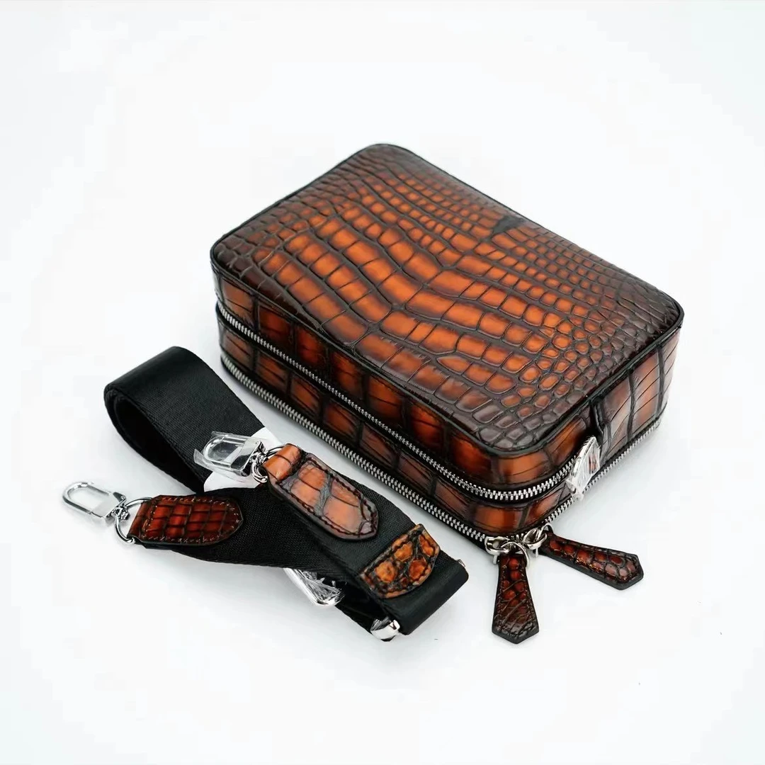 【古渲】男士单肩包鳄鱼皮手工擦色斜挎包时尚【】商务通勤