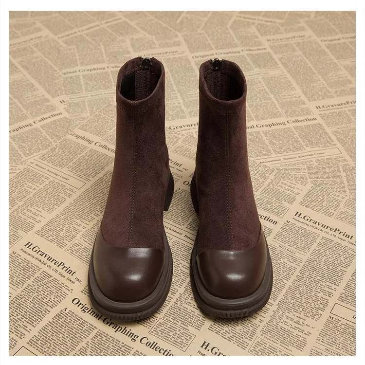 2024新款早秋季超火网红爆款马丁靴女棕色厚底粗跟瘦瘦小短靴