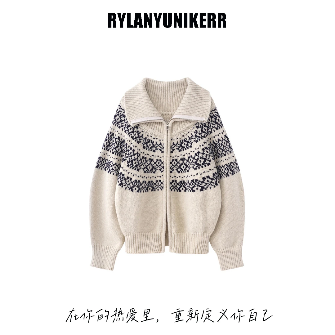 【RY】费尔岛系列净色雪绒花拉链毛衣/秋冬复古时尚慵懒针织