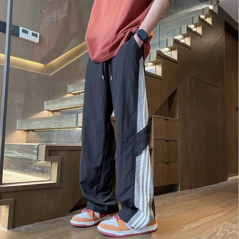 黑色条纹速干休闲裤男薄款美式复古撞色拼接直筒裤子运动冰丝长裤