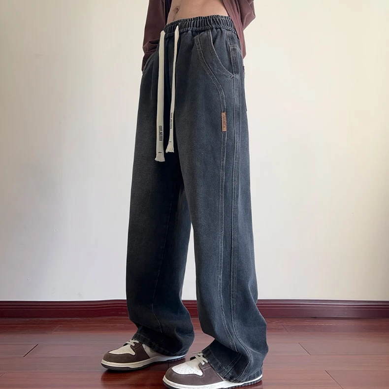 水洗牛仔裤男款秋冬阔腿宽松直筒裤美式拼接潮牌高街休闲长裤子