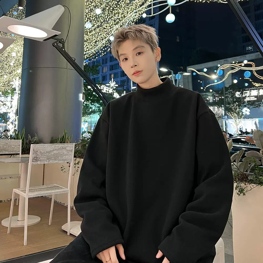 黑色德绒打底衫男秋冬加绒保暖T恤半高领长袖百搭加厚卫衣纯色ins