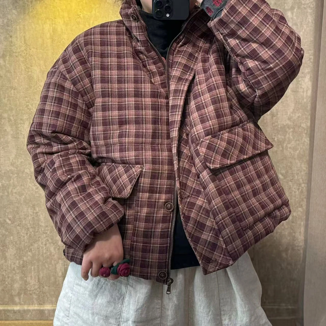 爱麻吖 新款夹棉加厚长袖口袋立领格纹百搭气质外套