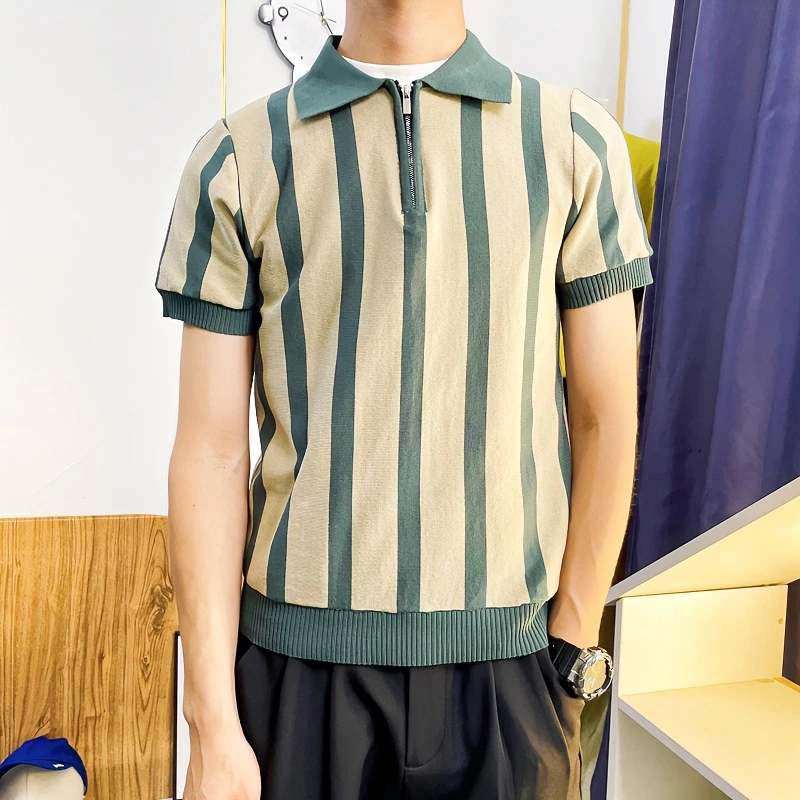 新款高端条纹针织冰丝POLO衫夏季男轻奢英伦修身百搭短袖T恤大码