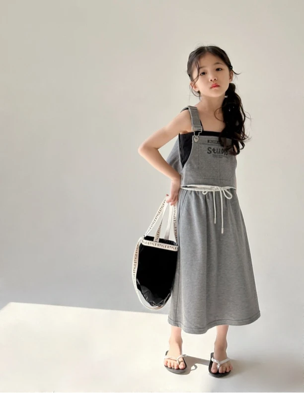 女童2024春夏新款亲子休闲背带半裙字母套装洋气时尚中大童宽松