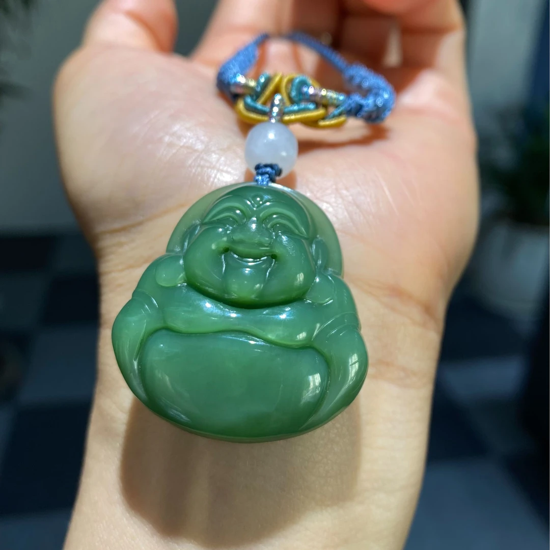 和田玉碧玉猫眼粉绿佛公吊坠绿色挂坠镶嵌菠菜绿（多样性发其一）