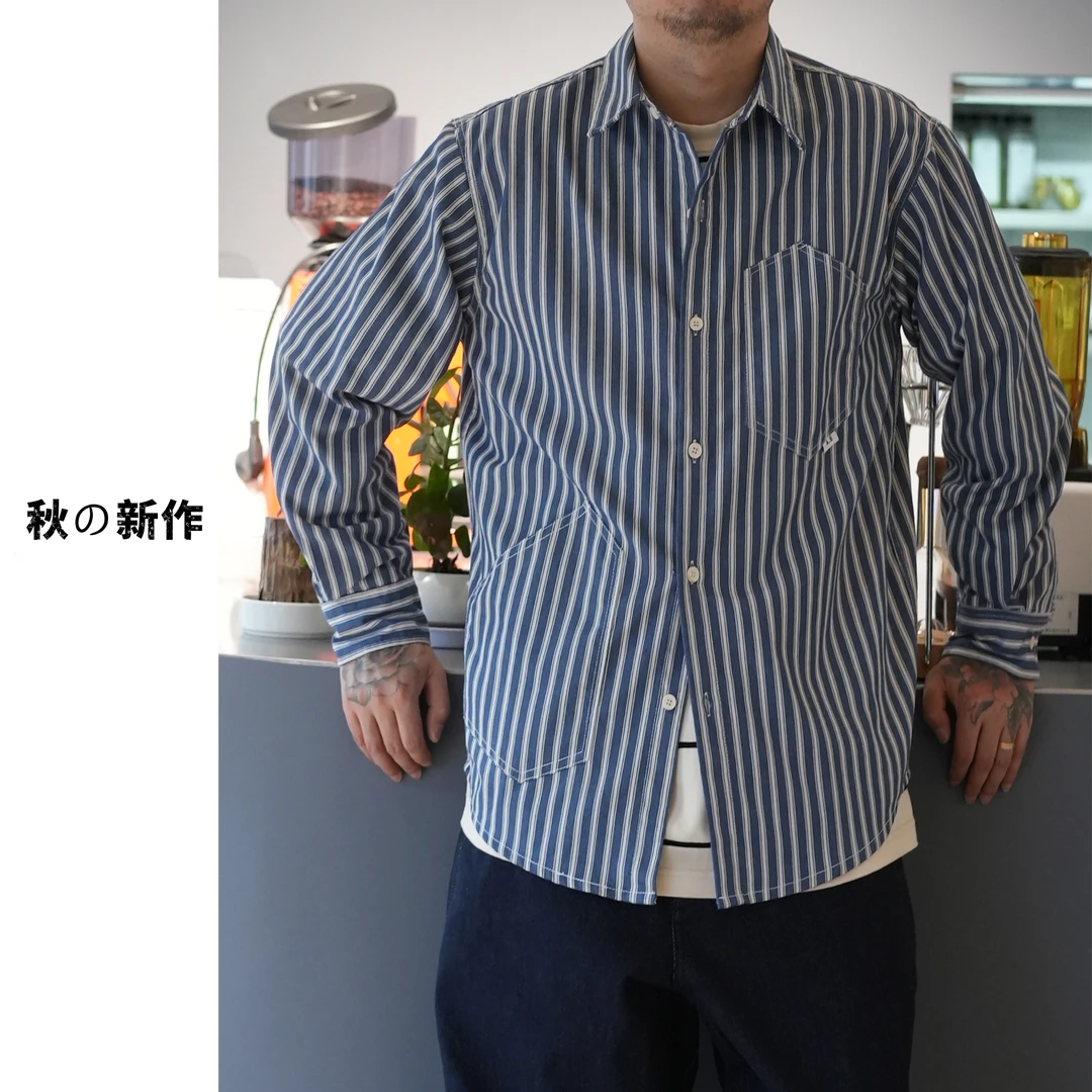 早秋新品日系复古条纹通勤衬衫多口袋做旧工装长袖衬衣秋季宽松