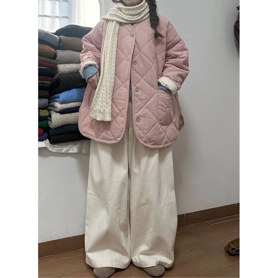 秋冬宽松菱格加厚棉服外套