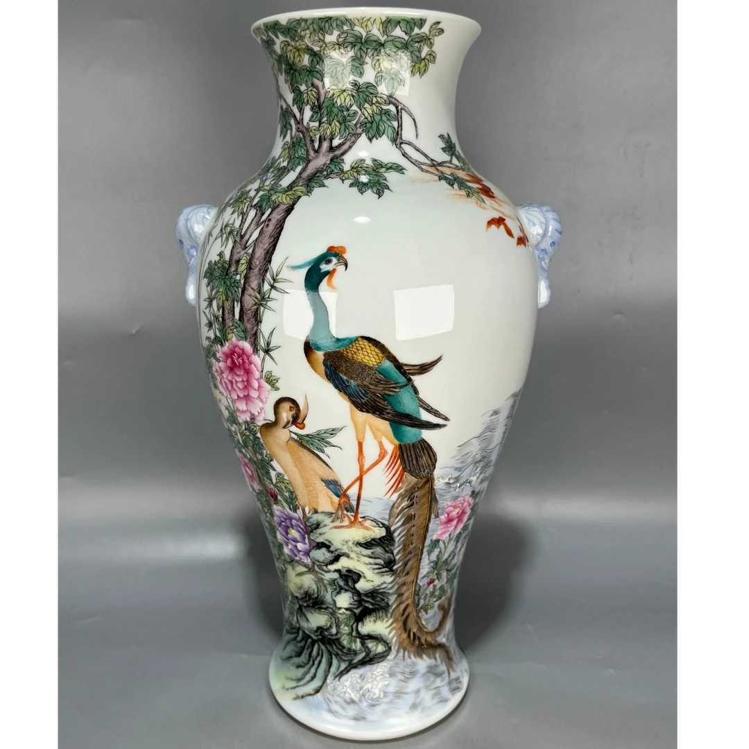 当代仿制 仿古粉彩花卉花鸟诗文象耳瓶