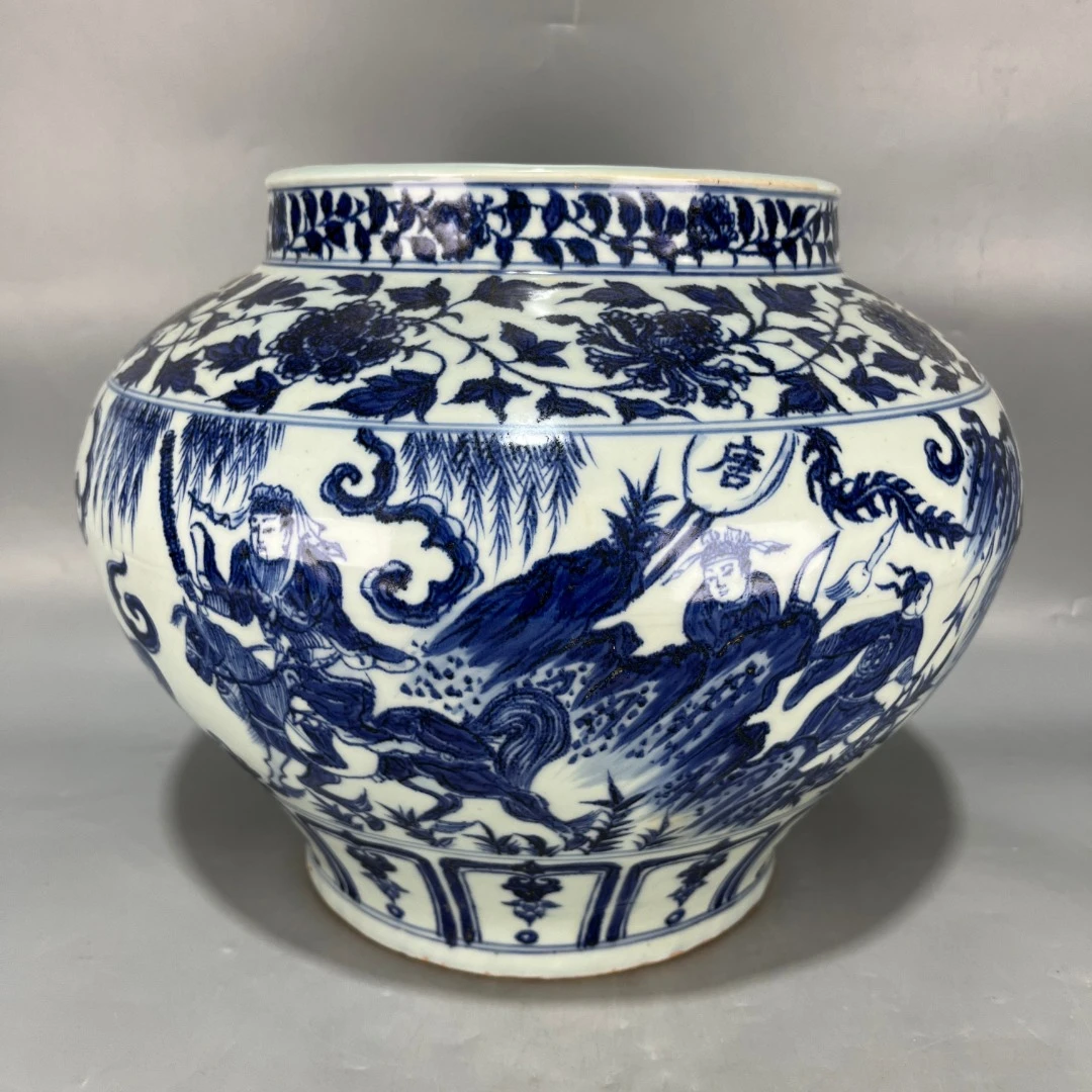 仿古青花画战将图罐
