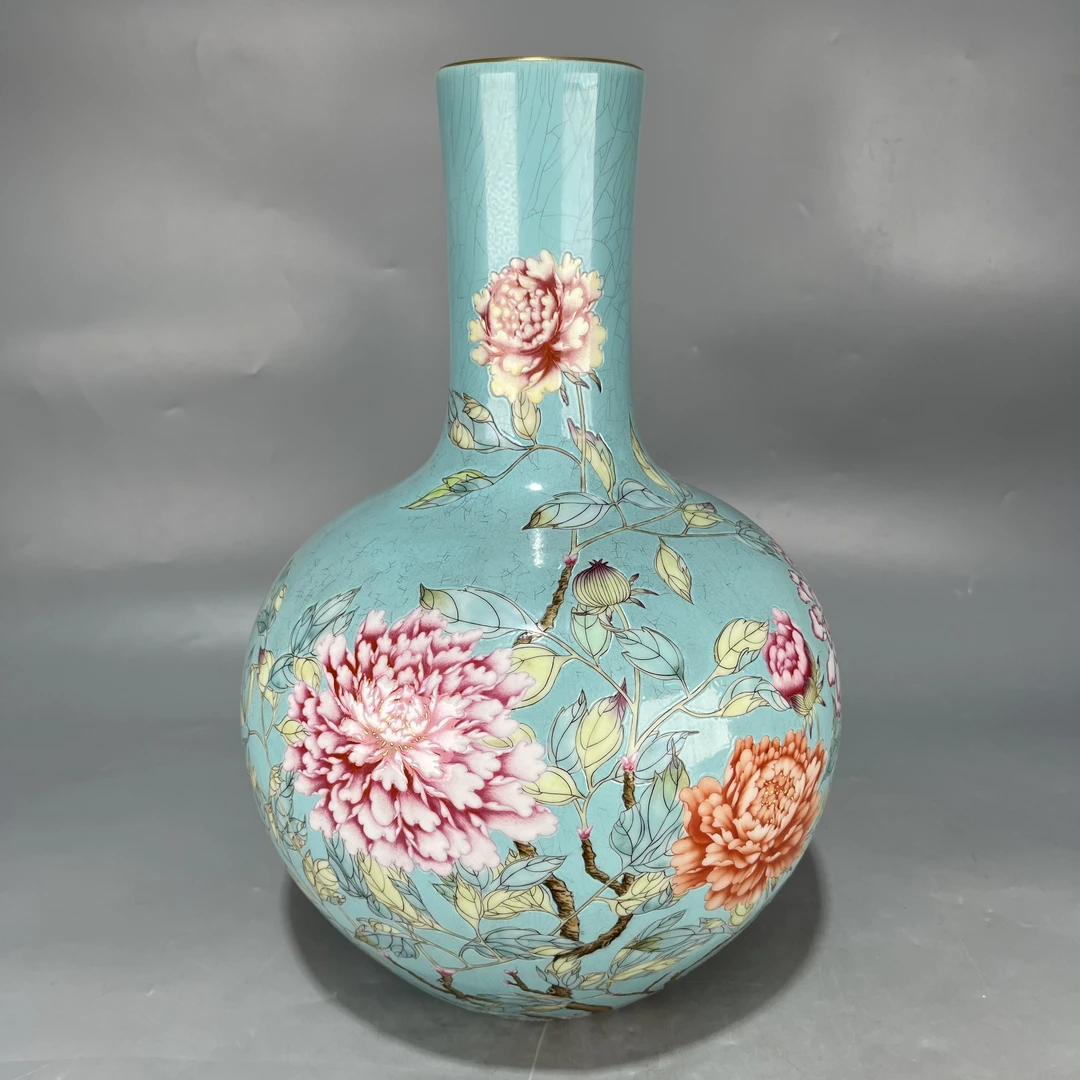 仿古大清雍正年制松石绿釉粉彩描金牡丹花天球瓶