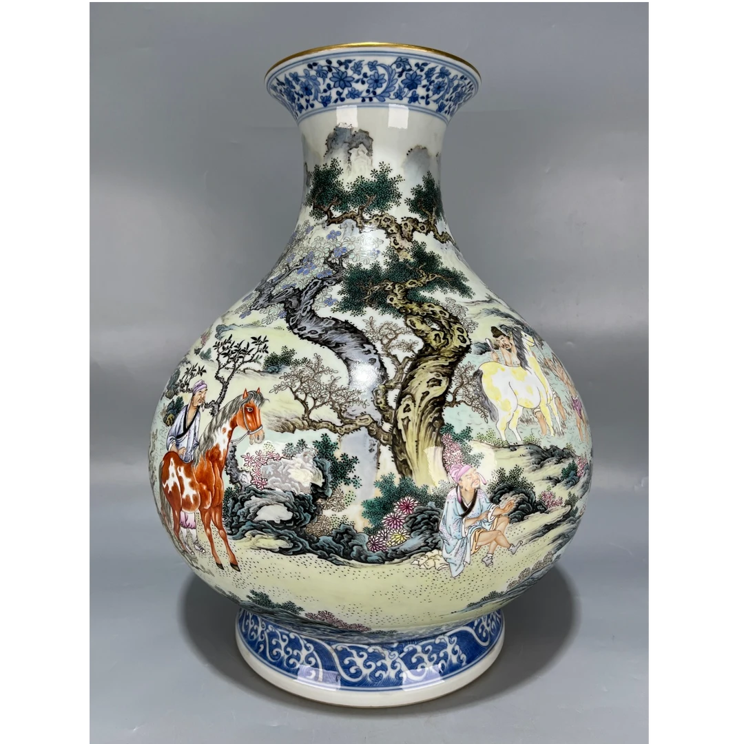 仿古粉彩山水人物骏马图 赏瓶