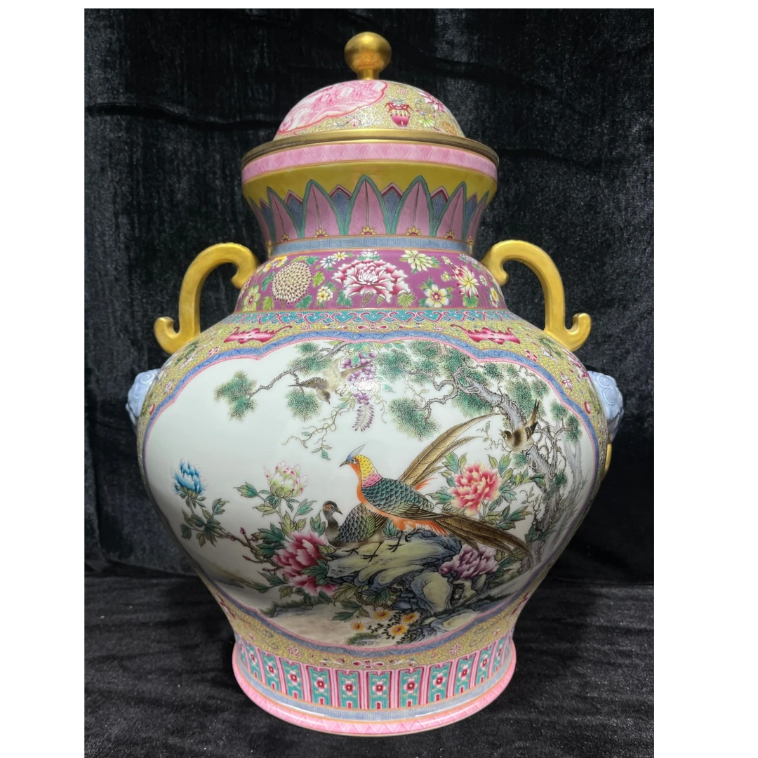 仿古珐琅彩开窗花鸟狮头带环盖罐