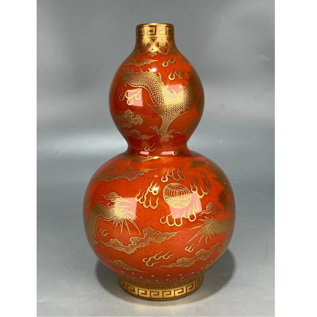 当代仿制 仿古矾红描金龙纹葫芦瓶